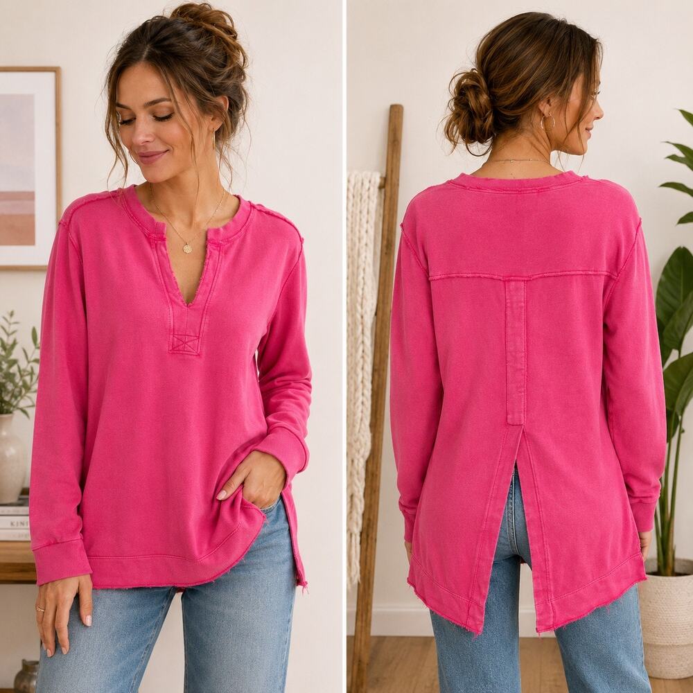 Pilcro Anthropologie Sweatshirt Womens XXS Pink Split Back Tunic Pullover Top